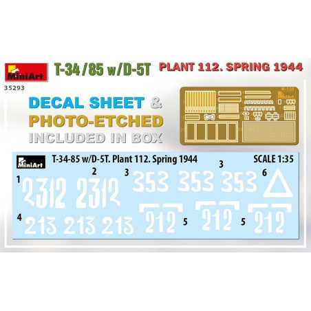 T-34/85 w/D-5T PLANT 112. SPRING 1944. Escala 1:35. Marca Miniart. Ref: 35293.