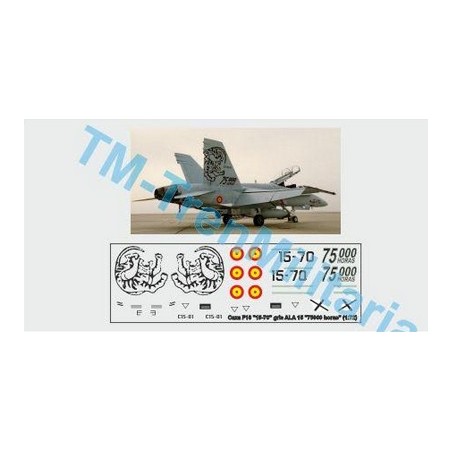 Calcas del Avión Caza F18 "15-70", decoración "gris ALA 15 "75000 horas"". Escala 1:72. Marca Trenmilitaria. Ref: 000_9159.