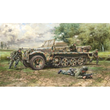 Vehículo Sd.Kfz. 10 DEMAG D7 with 4 figuras German paracaidistas y 3 calcas. Escala 1:35. Marca Italeri. Ref: 6561.
