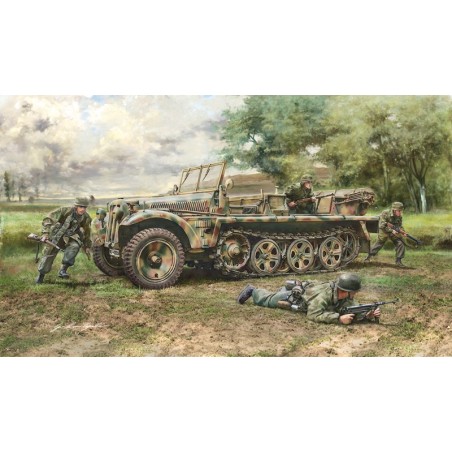 Vehículo Sd.Kfz. 10 DEMAG D7 with 4 figuras German paracaidistas y 3 calcas. Escala 1:35. Marca Italeri. Ref: 6561.
