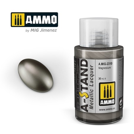 A-STAND Laca Metalizada Magnesio. Bote de 30 ml. Marca Ammo of Mig Jimenez. Ref: AMIG2310, 2310.
