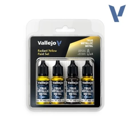 TRUE METALLIC METAL, RADIANT YELLOW PAINT SET, 4 Colores. Marca Vallejo. Ref: 77259, 77.259.