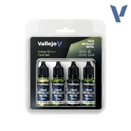 TRUE METALLIC METAL, Verde Ámbar SET, 4 Colores. Marca Vallejo. Ref: 77266, 77.266.