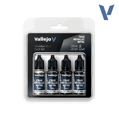 TRUE METALLIC METAL, Negro Obsidiana SET, 4 Colores. Marca Vallejo. Ref: 77270, 77.270.