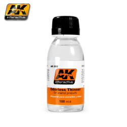 Diluyente, suave e inodoro,para óleos y esmaltes ( odorless thinner). Cantidad 100 ml. Marca AK Interactive. Ref: AK050.
