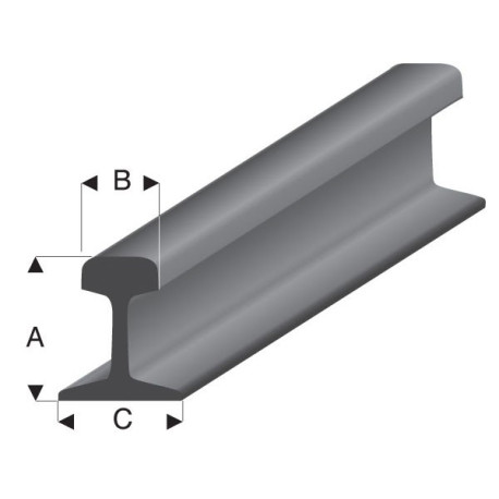 Perfíl " rail " de Estireno gris acero, A: 2.40 mm, B: 1.35 mm, C: 2.10 mm, L: 100 cm. Marca Maquett. Ref: 460-52.