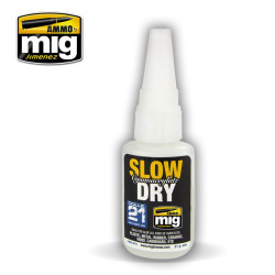 Slow cianoacrylate dry, pegamento cianocrilato lento. Bote 21 gr. Marca Mig. Ref: AMIG8013.