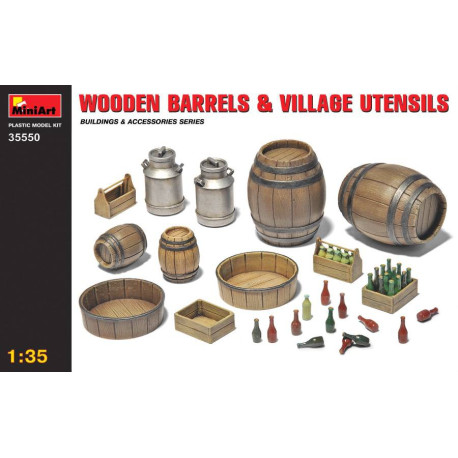 Accesorios, barriles de madera y utensilios rurales. Escala 1:35. Marca Miniart. Ref: 35550.