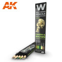 Set GREEN & BROWN: Shading & effects, Weathering pencils 5 colores. Marca AK Interactive. Ref: AK10040.