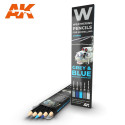 Set GREY & BLUE: Shading & effects, Weathering pencils 5 colores. Marca AK Interactive. Ref: AK10043.