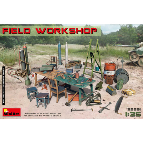 accesorios taller de reparaciones en campaña, Field workshop. Escala 1:35. Marca Miniart. Ref: 35591.