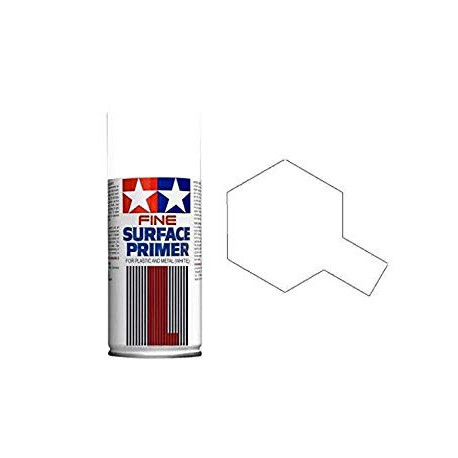 Spray Surface Primer blanco,L. Grano superfino, para plástico y metal. Bote 180 ml. Marca Tamiya. Ref: 87044.