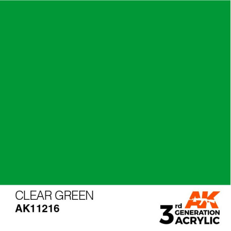 Acrílicos de 3rd Generación, CLEAR GREEN– STANDARD. Bote 17 ml. Marca Ak-Interactive. Ref: Ak11216.