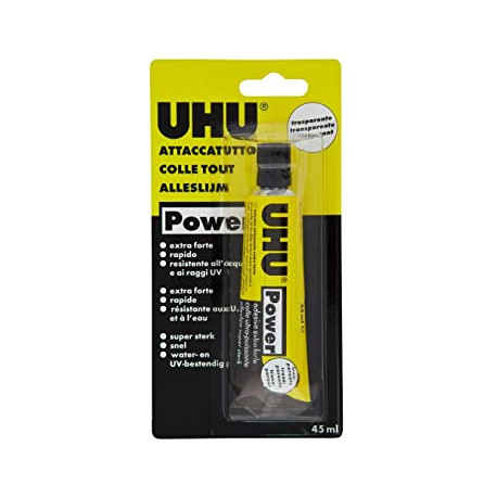 Adhesivo Transparente de poliuretano de fijación extra fuerte, UHU Power 45ml. Marca UHU. Ref: D3251.