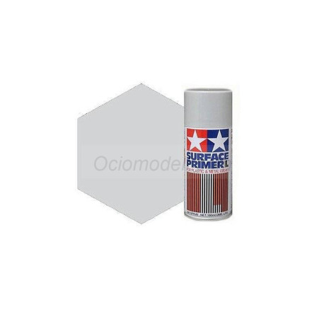 Spray Surface Primer Light grey ,L. Para plástico y metal. Bote 180 ml. Marca Tamiya. Ref: 87064.