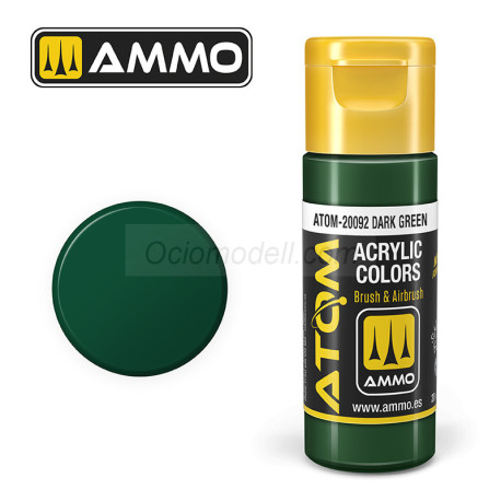 ATOM COLOR Dark Green. Nueva Fórmula. Bote 20 ml. Marca Ammo by Mig Jimenez. Ref: ATOM-20092.