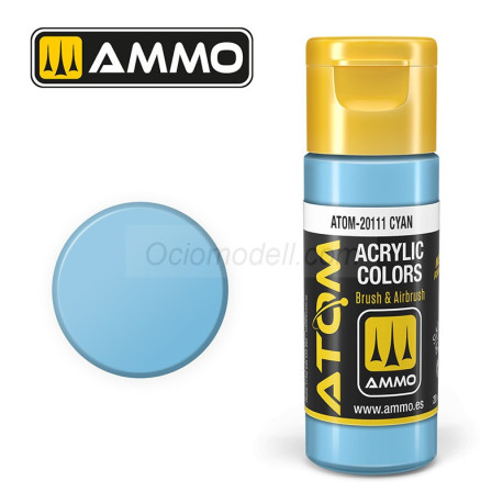 ATOM COLOR CIAN. Nueva Fórmula. Bote 20 ml. Marca Ammo by Mig Jimenez. Ref: ATOM-20111.