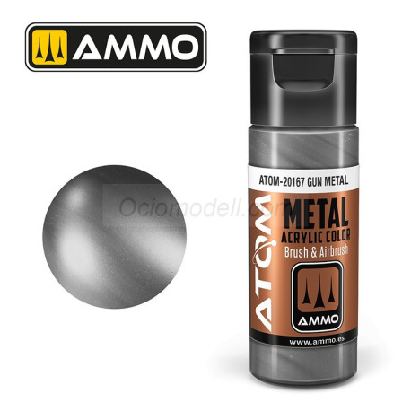 ATOM COLOR METALLIC Gris Cañón. Nueva Fórmula. Bote 20 ml. Marca Ammo by Mig Jimenez. Ref: ATOM-20167.