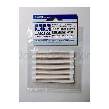 Bastoncillos de algodón, redondo, extrapequeño. Craft Cotton Swab - Round/Extra Small. 50 ud. Marca Tamiya. Ref: 87103.