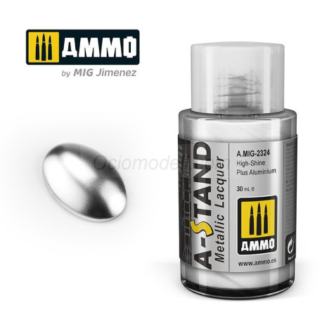 A-STAND Aluminio Plus de Alto Brillo. Bote de 30 ml. Marca Ammo of Mig Jimenez. Ref: AMIG2324, 2324.