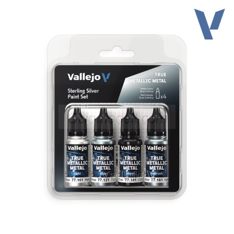 TRUE METALLIC METAL, STERLING SILVER METAL PAINT SET, 4 Colores. Marca Vallejo. Ref: 77251, 77.251.