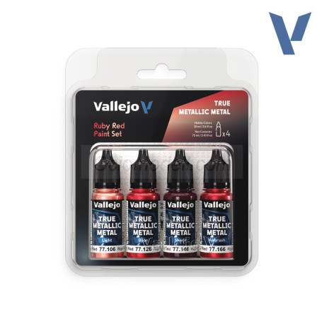TRUE METALLIC METAL, RUBY RED METAL PAINT SET, 4 Colores. Marca Vallejo. Ref: 77254, 77.254.