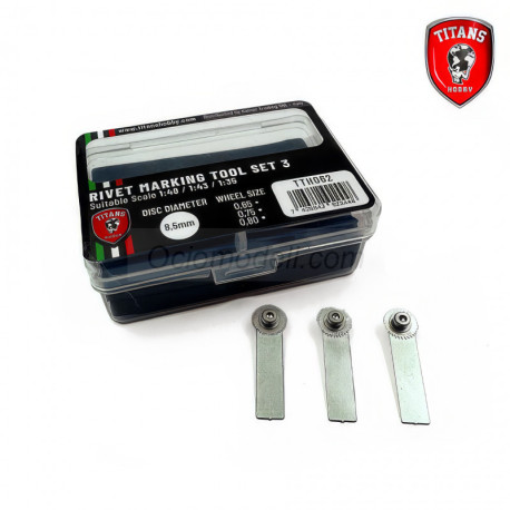 Set 3 de Remachadoras - escalas 1:48/1:43/1:35 - 3 ruedas diam.8,5mm x mm. 0.65/0.75/0.80. Marca TITANS HOBBY. Ref: TTH062.