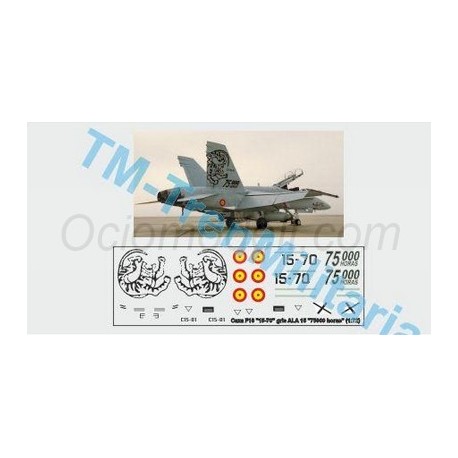 Calcas del Avión Caza F18 "15-70", decoración "gris ALA 15 "75000 horas"". Escala 1:72. Marca Trenmilitaria. Ref: 000_9159.