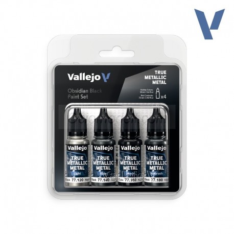 TRUE METALLIC METAL, Negro Obsidiana SET, 4 Colores. Marca Vallejo. Ref: 77270, 77.270.